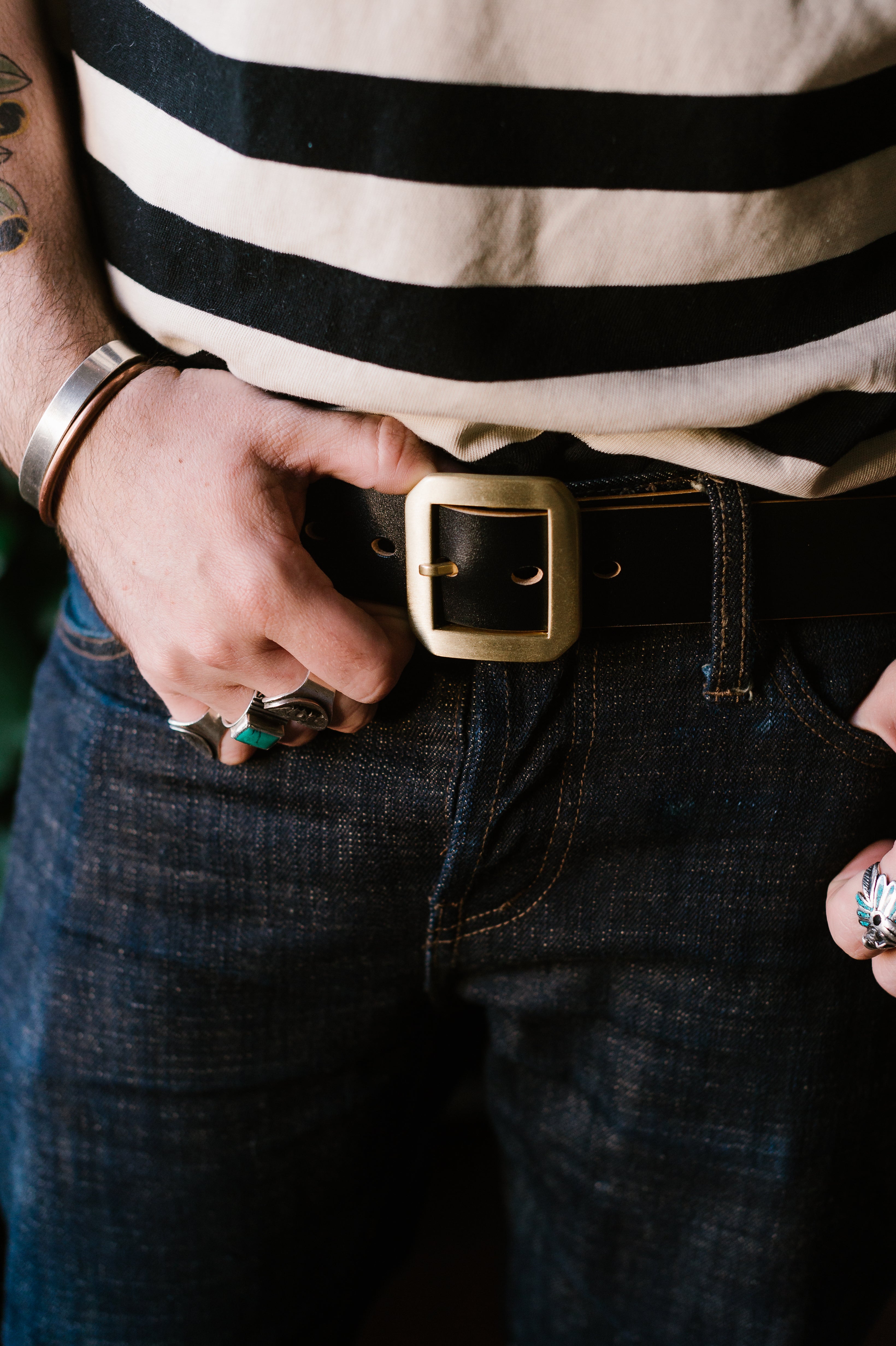 Single Prong Brass Garrison Leather Belt - Hand-Dyed Black