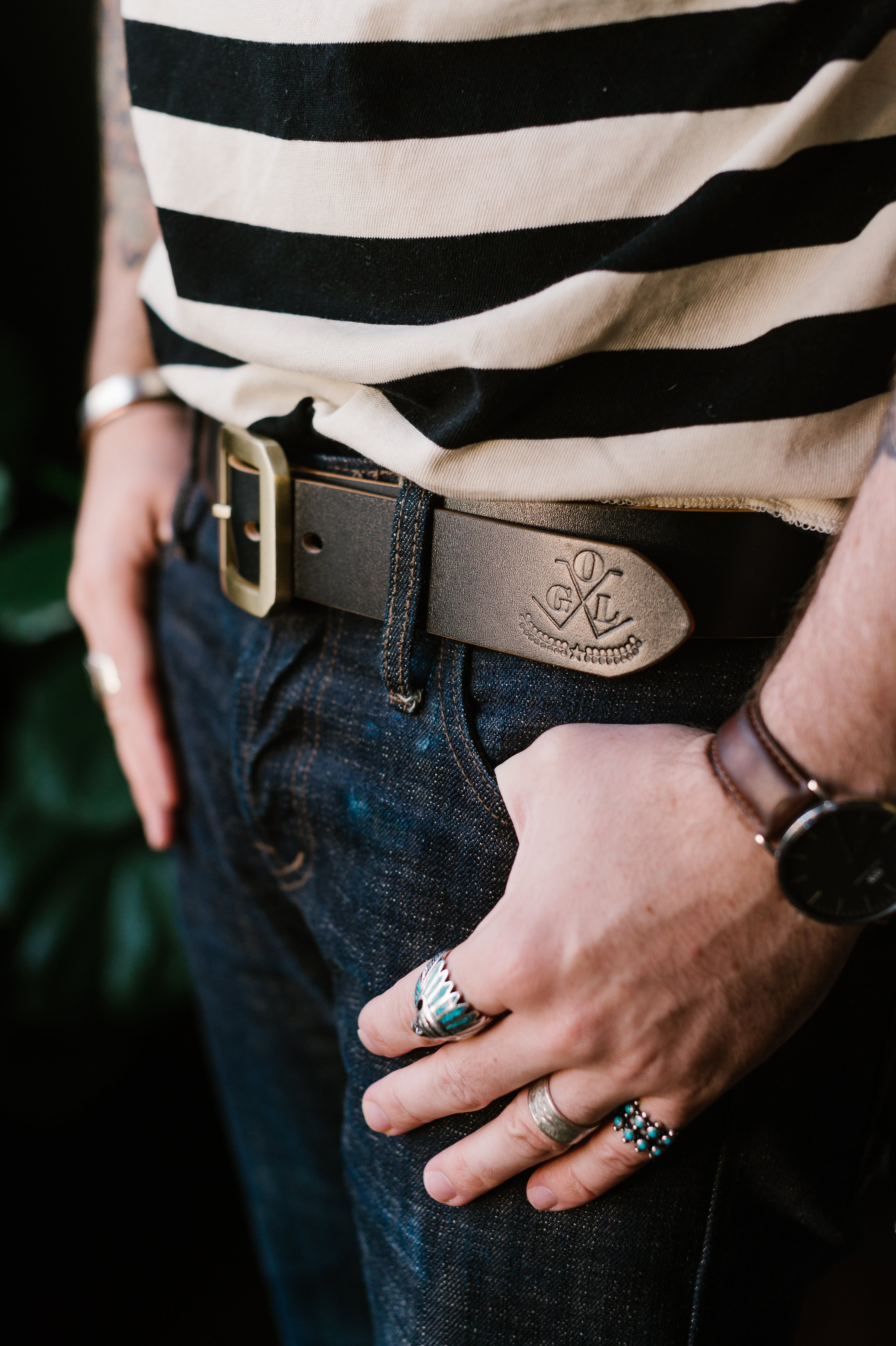 Single Prong Brass Garrison Leather Belt - Hand-Dyed Black