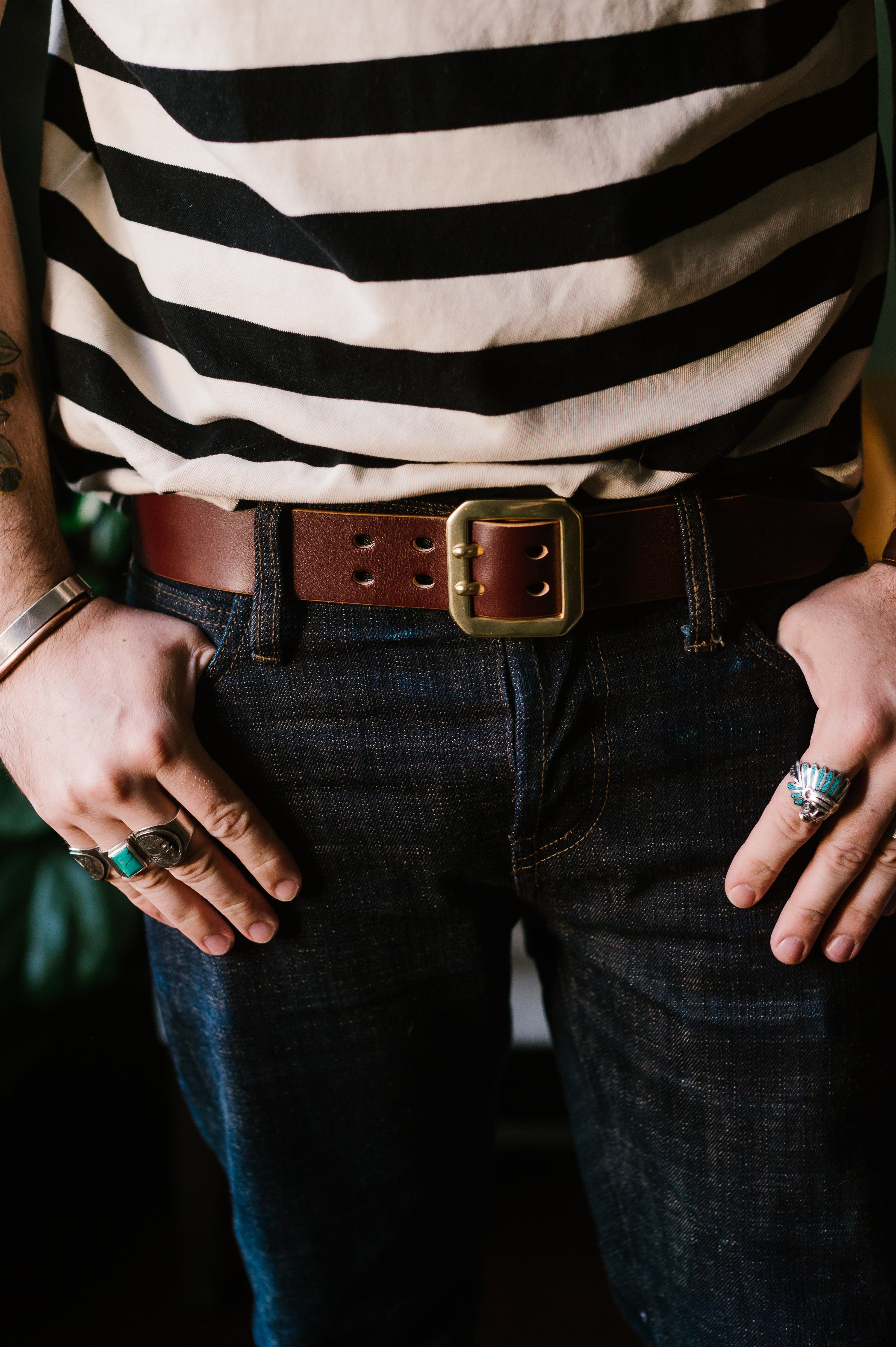 Double Prong Brass Garrison Buckle Leather Belt - Hand-Dyed Brown