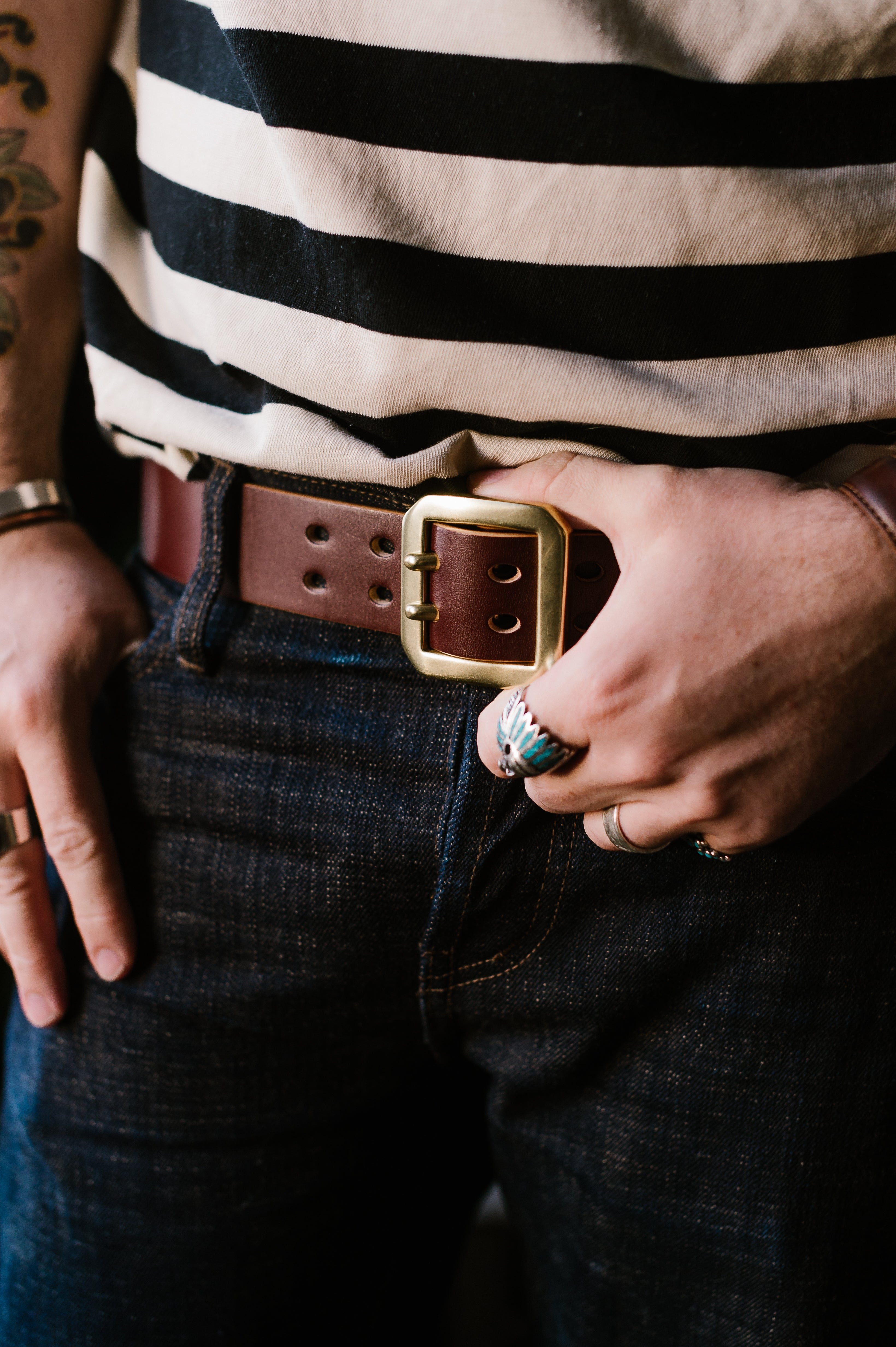 Double Prong Brass Garrison Buckle Leather Belt - Hand-Dyed Brown