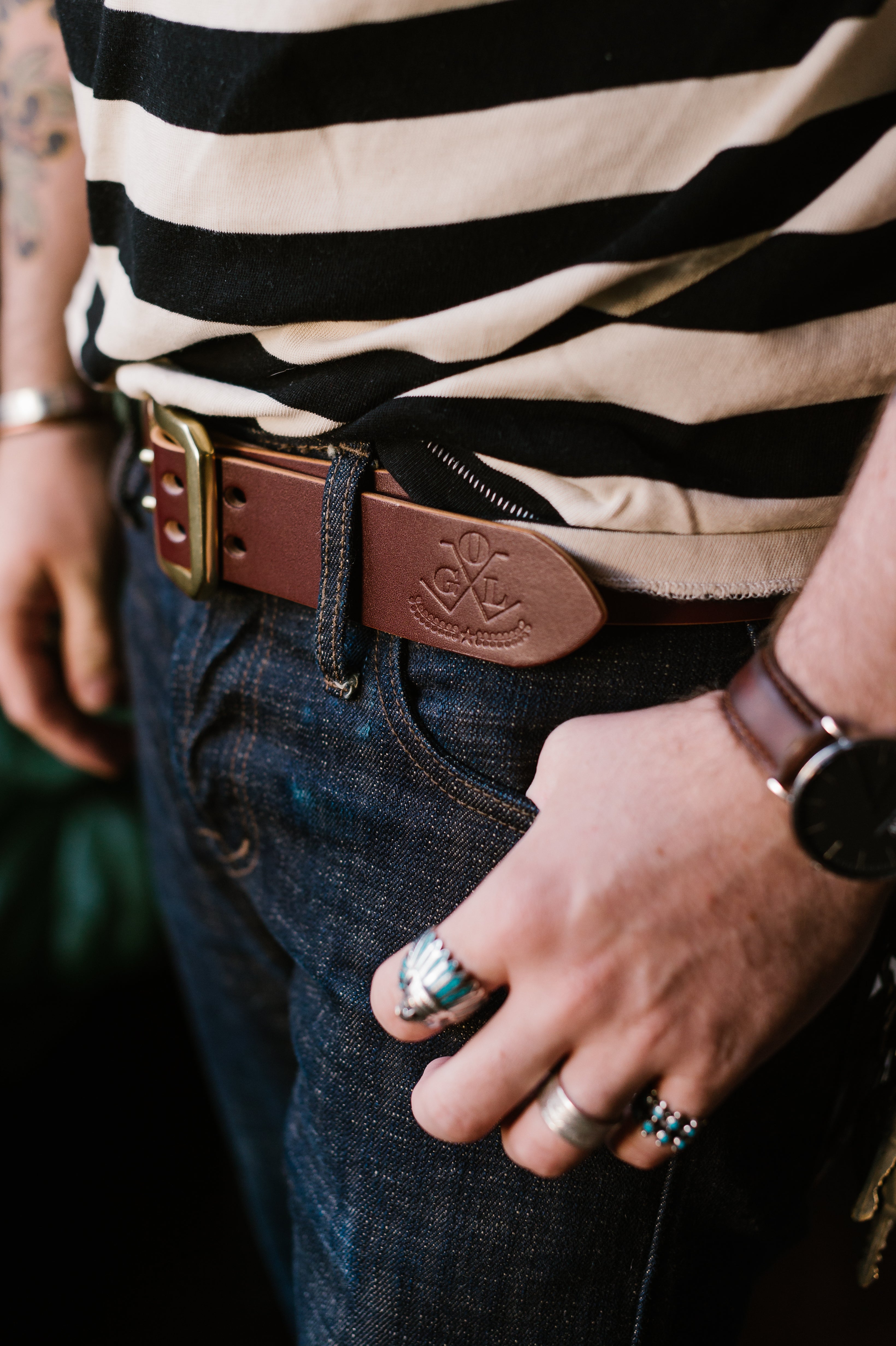 Double Prong Brass Garrison Buckle Leather Belt - Hand-Dyed Brown