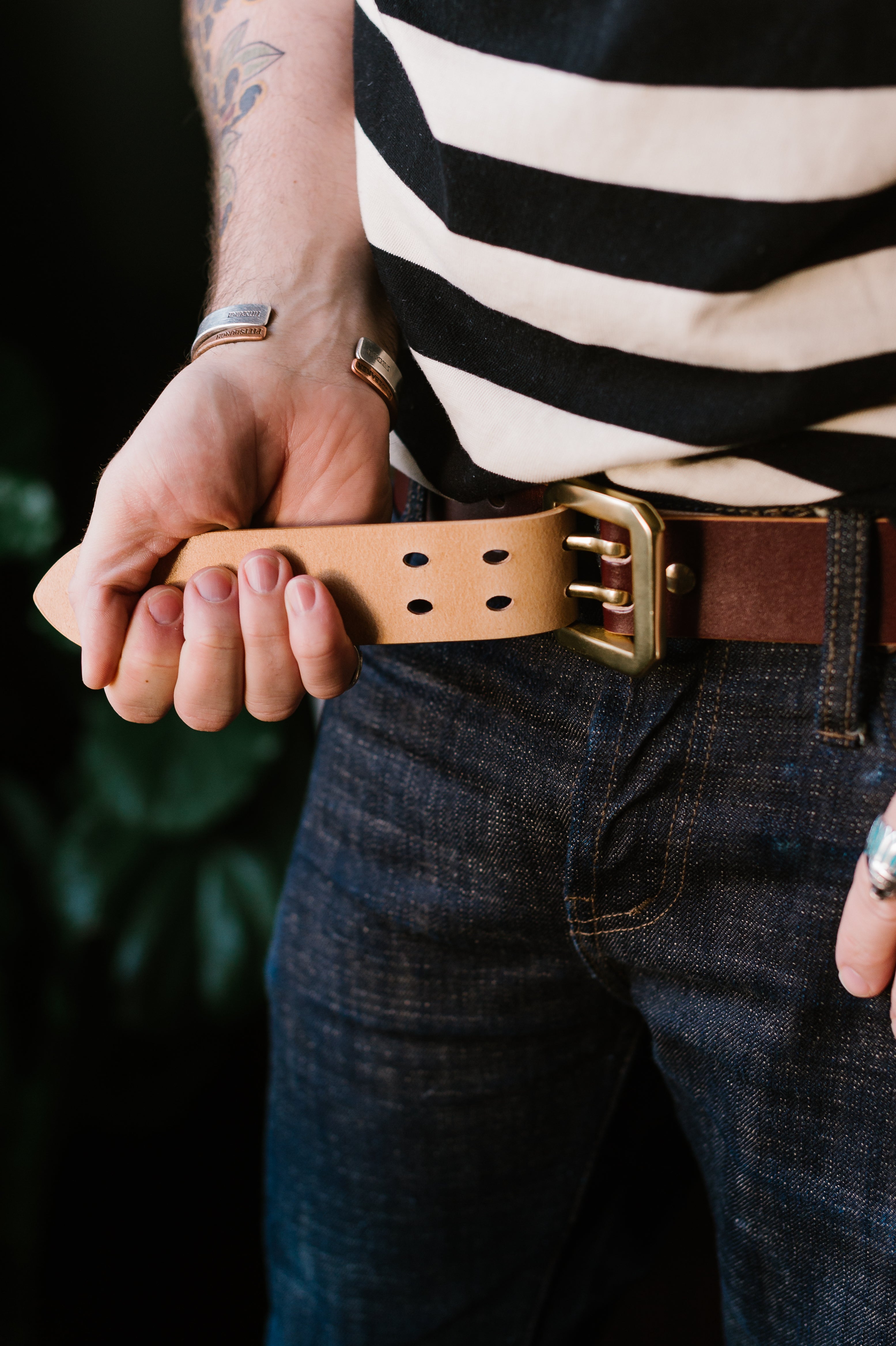 Double Prong Brass Garrison Buckle Leather Belt - Hand-Dyed Brown