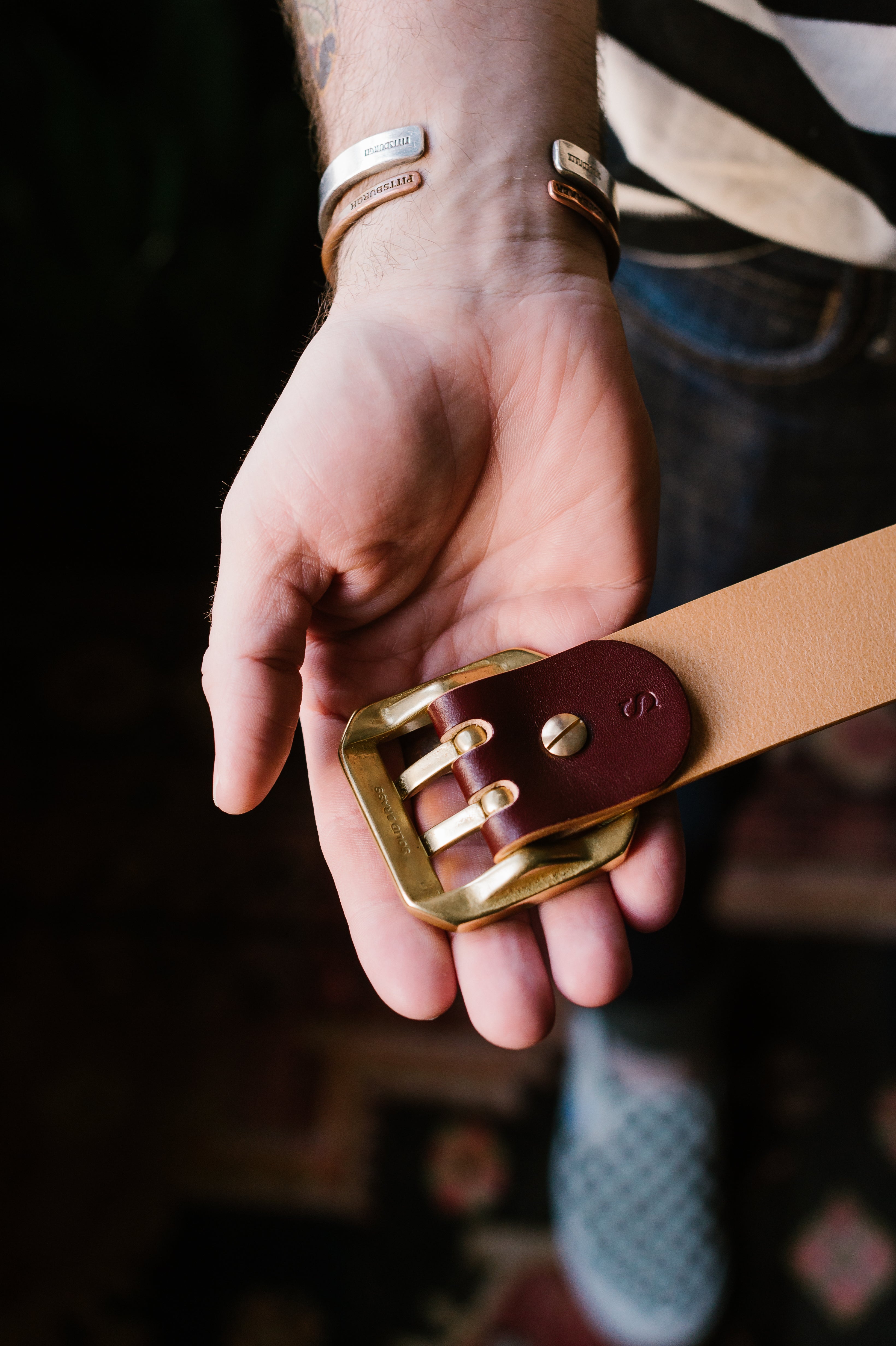 Double Prong Brass Garrison Buckle Leather Belt - Hand-Dyed Brown