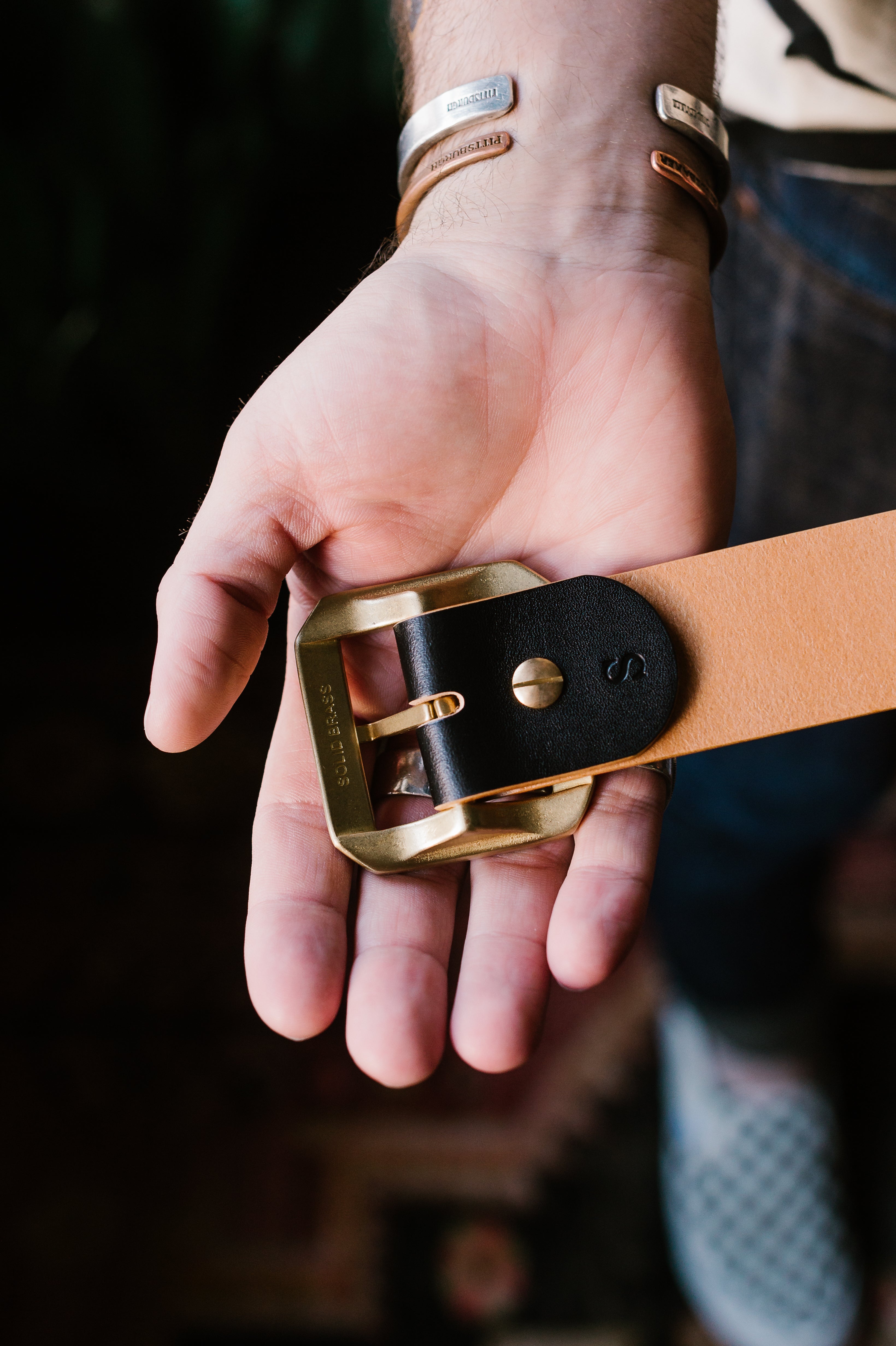 Single Prong Brass Garrison Leather Belt - Hand-Dyed Black