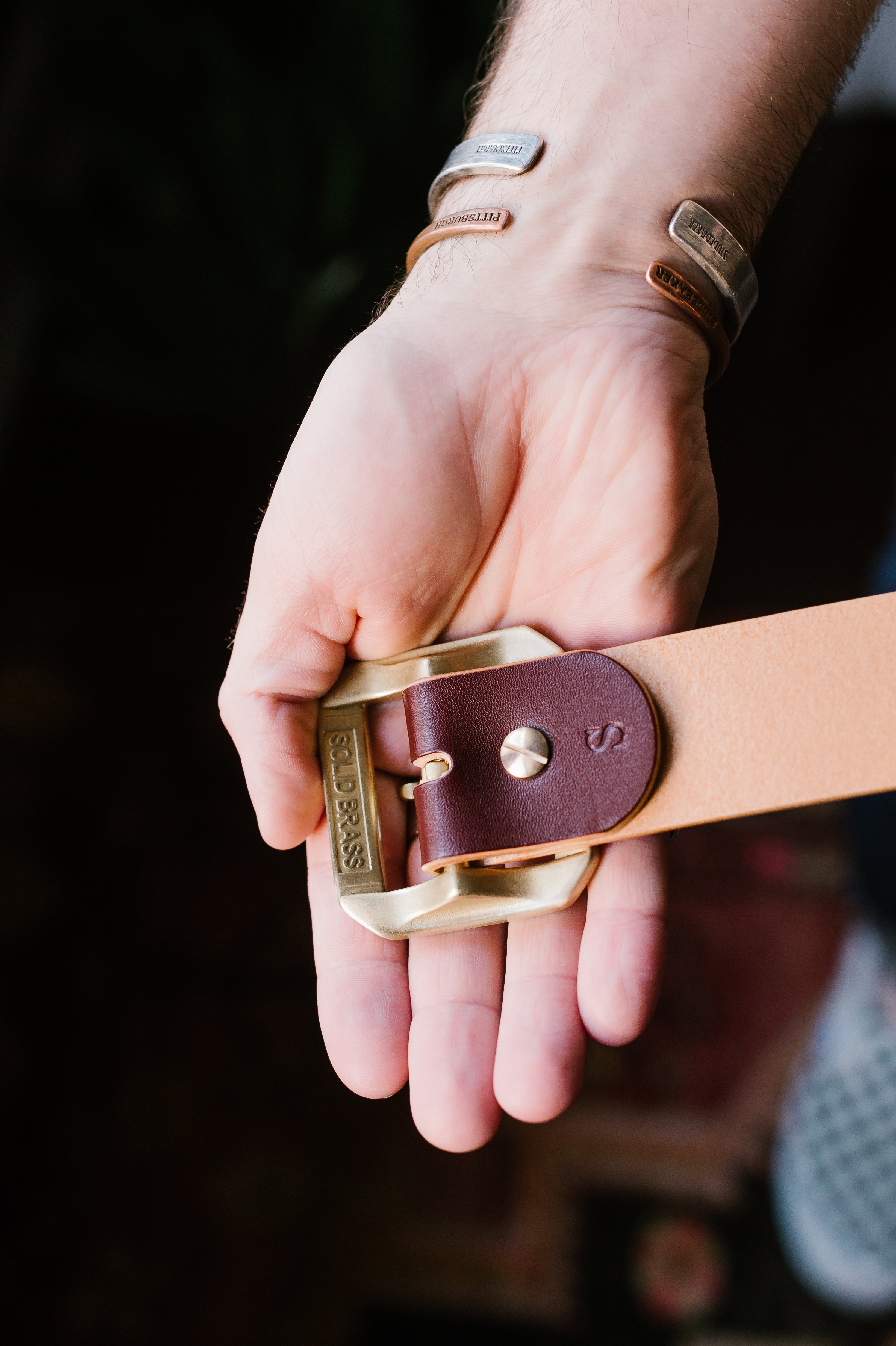 Single Prong Brass Garrison Leather Belt - Hand-Dyed Brown