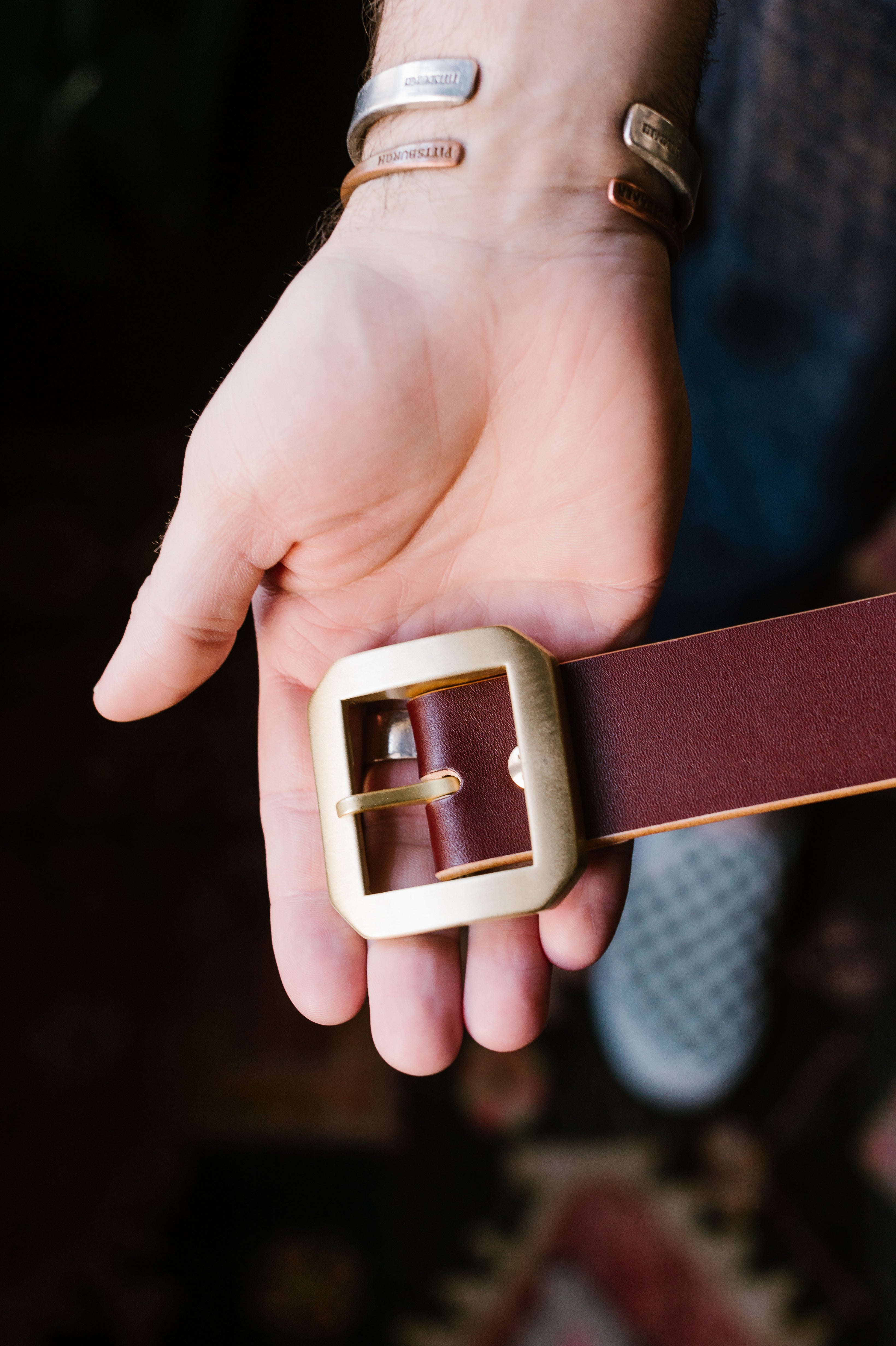 Single Prong Brass Garrison Leather Belt - Hand-Dyed Brown