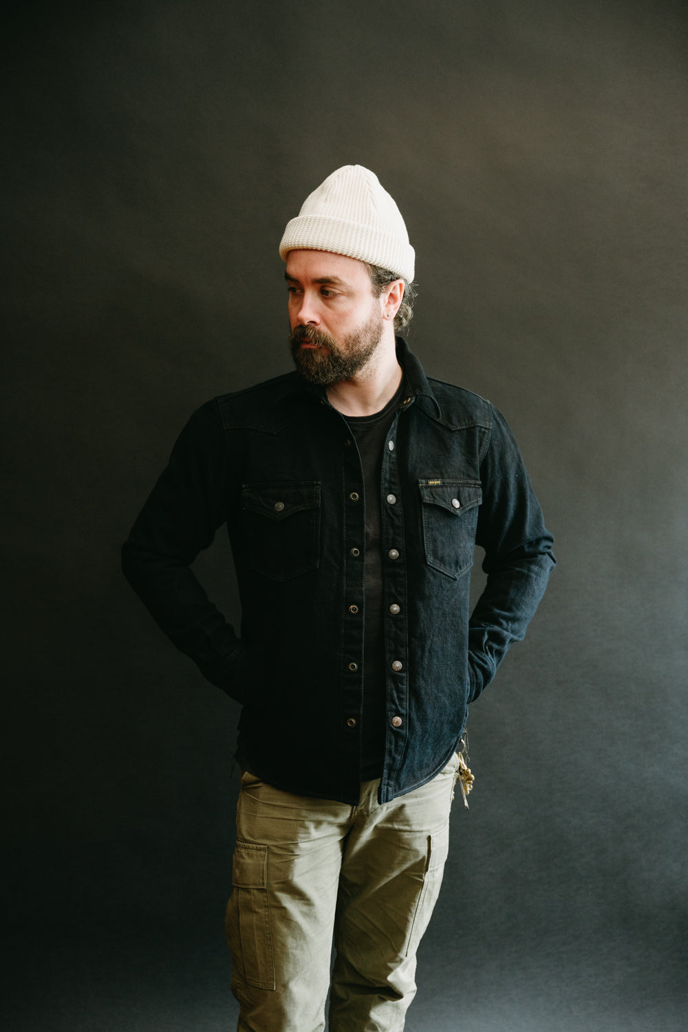 IHSH-293-OD - 18oz Vintage Selvedge Denim CPO Shirt - Indigo Overdyed Black