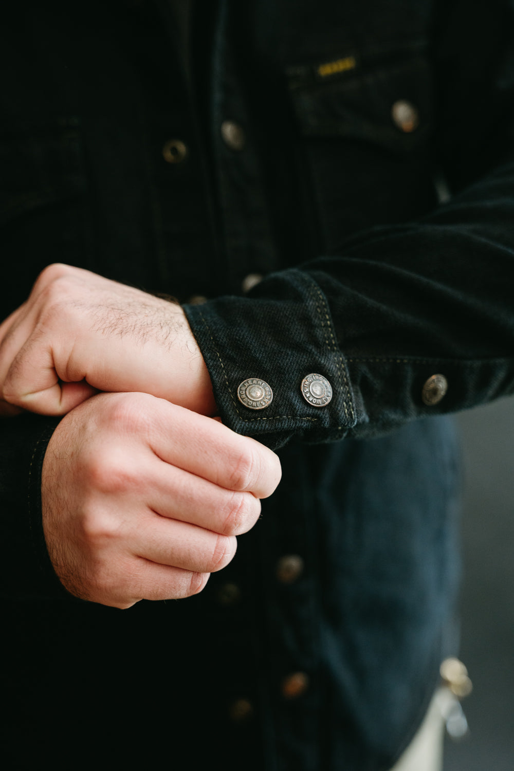 IHSH-293-OD - 18oz Vintage Selvedge Denim CPO Shirt - Indigo Overdyed Black