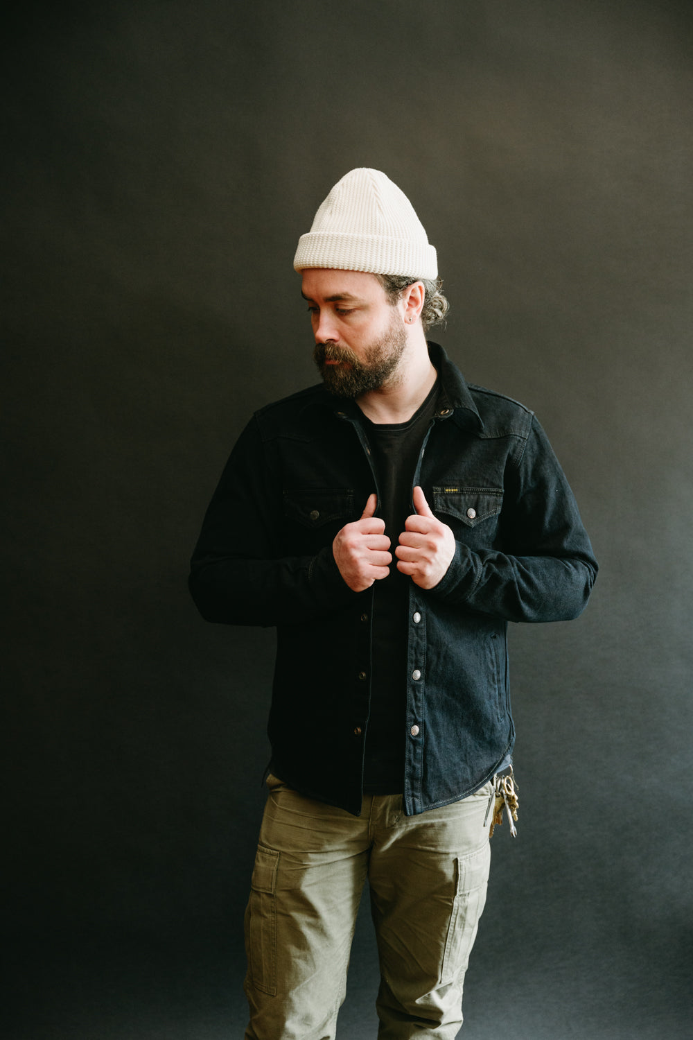 IHSH-293-OD - 18oz Vintage Selvedge Denim CPO Shirt - Indigo Overdyed Black