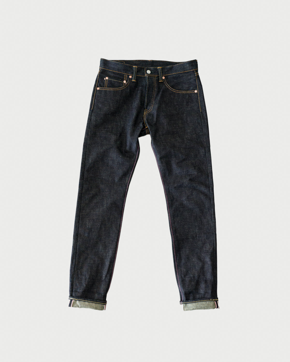 0306-BESP - 18oz Heavy Indigo/Beige Selvedge with Beige Battle Stripes - Tight Taper