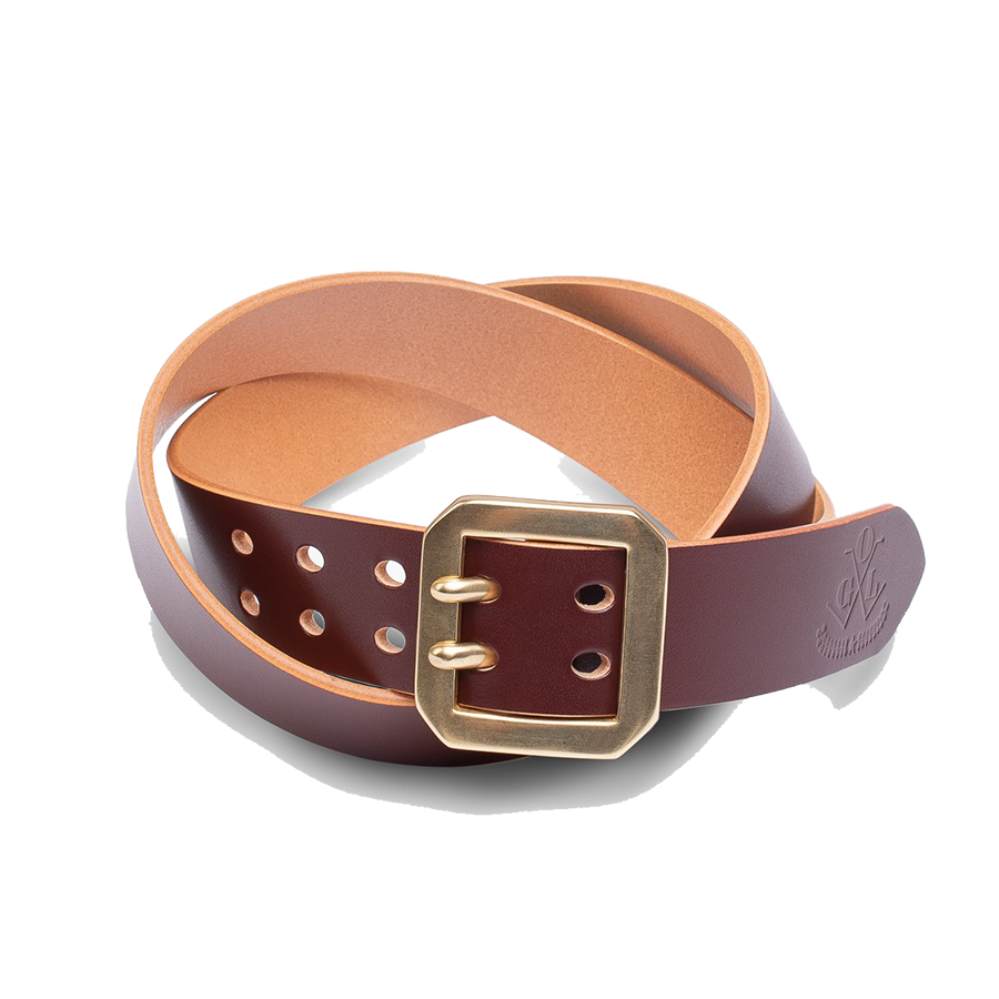 Double Prong Brass Garrison Buckle Leather Belt - Hand-Dyed Brown