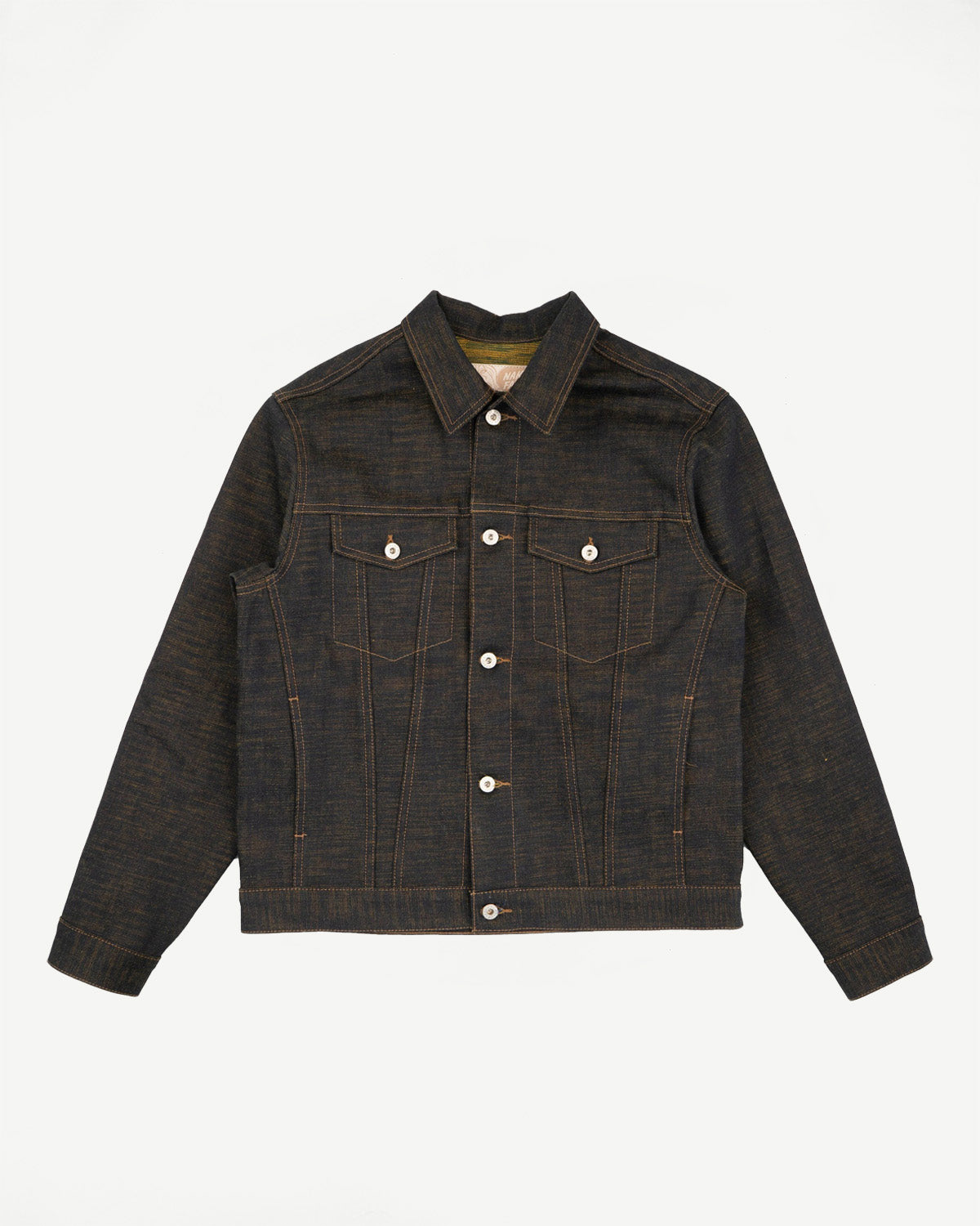 Flat lay front view of 14oz citrus kasuri selvedge denim jacket, showing button closure, pointed collar, chest pockets, and contrast stitching.