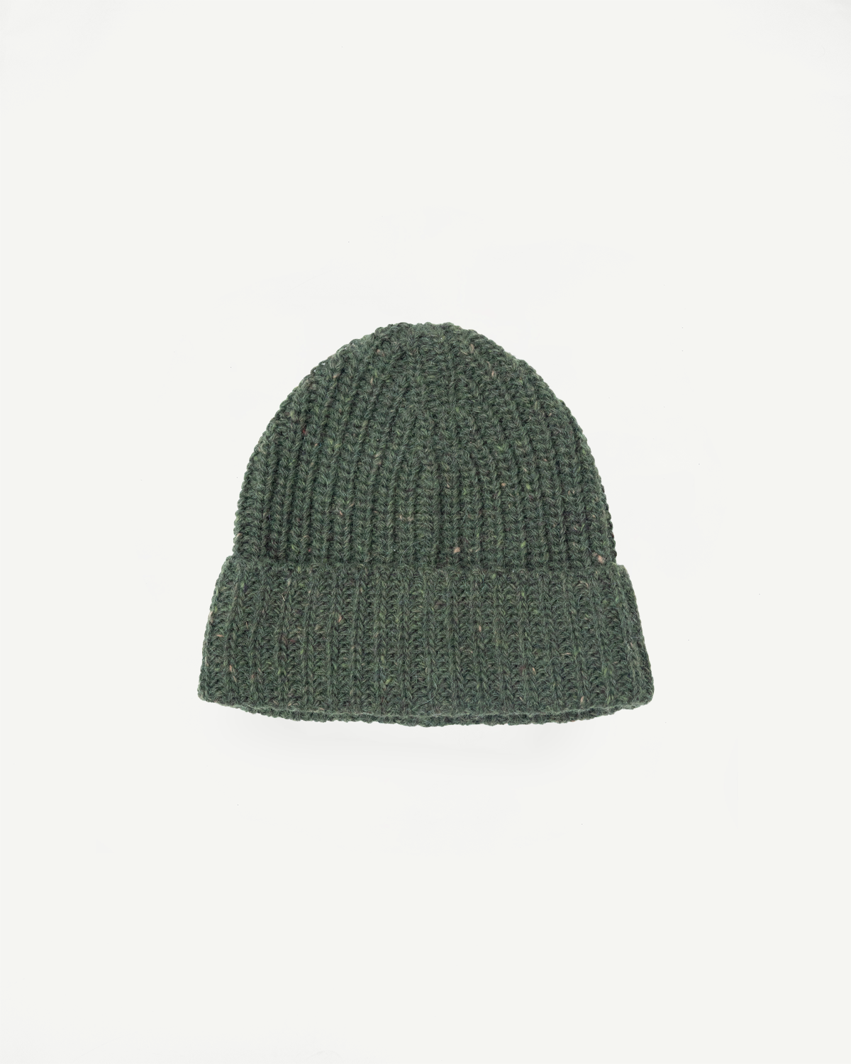 Front view of a dark green ribbed knit beanie with a folded cuff.