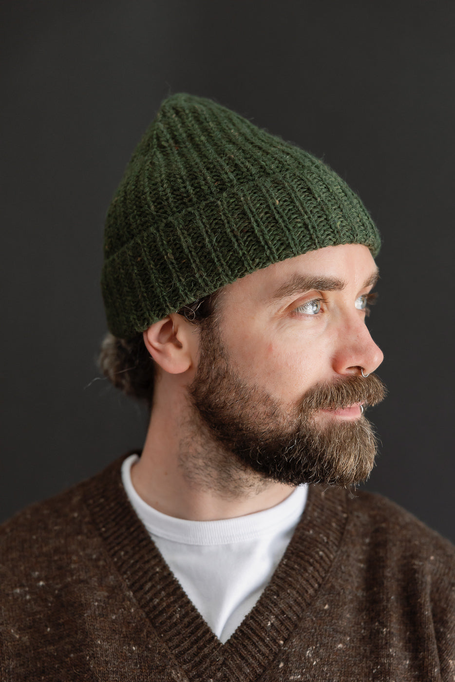 Close-up profile of a male model, 5'9