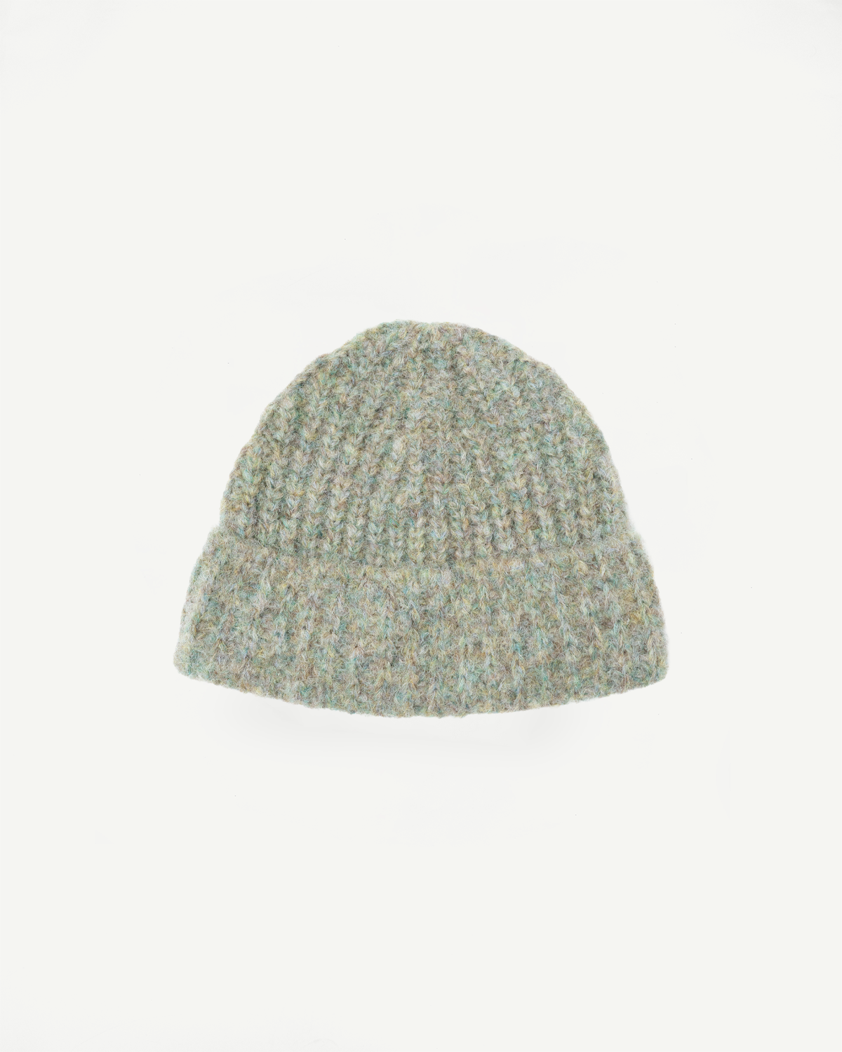 Front view flat lay of a textured knit beanie in a multi-color sage green melange.