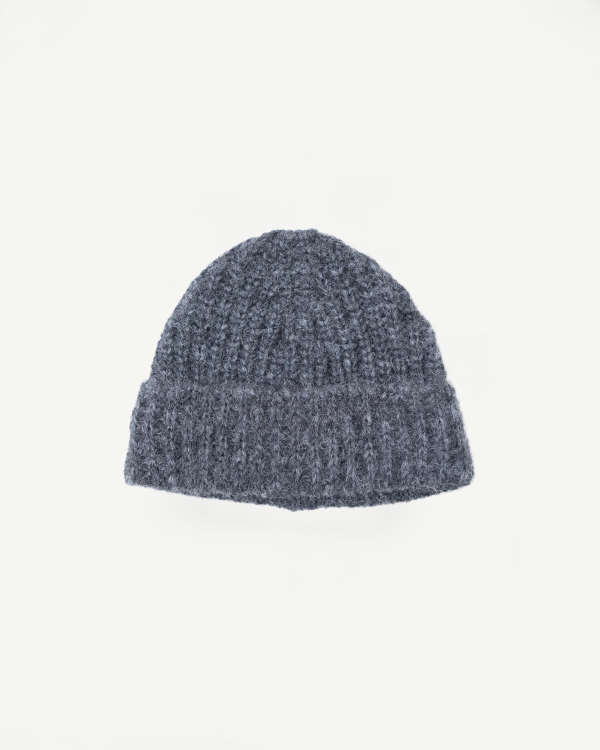 Front view close-up of a grey textured knit beanie hat.