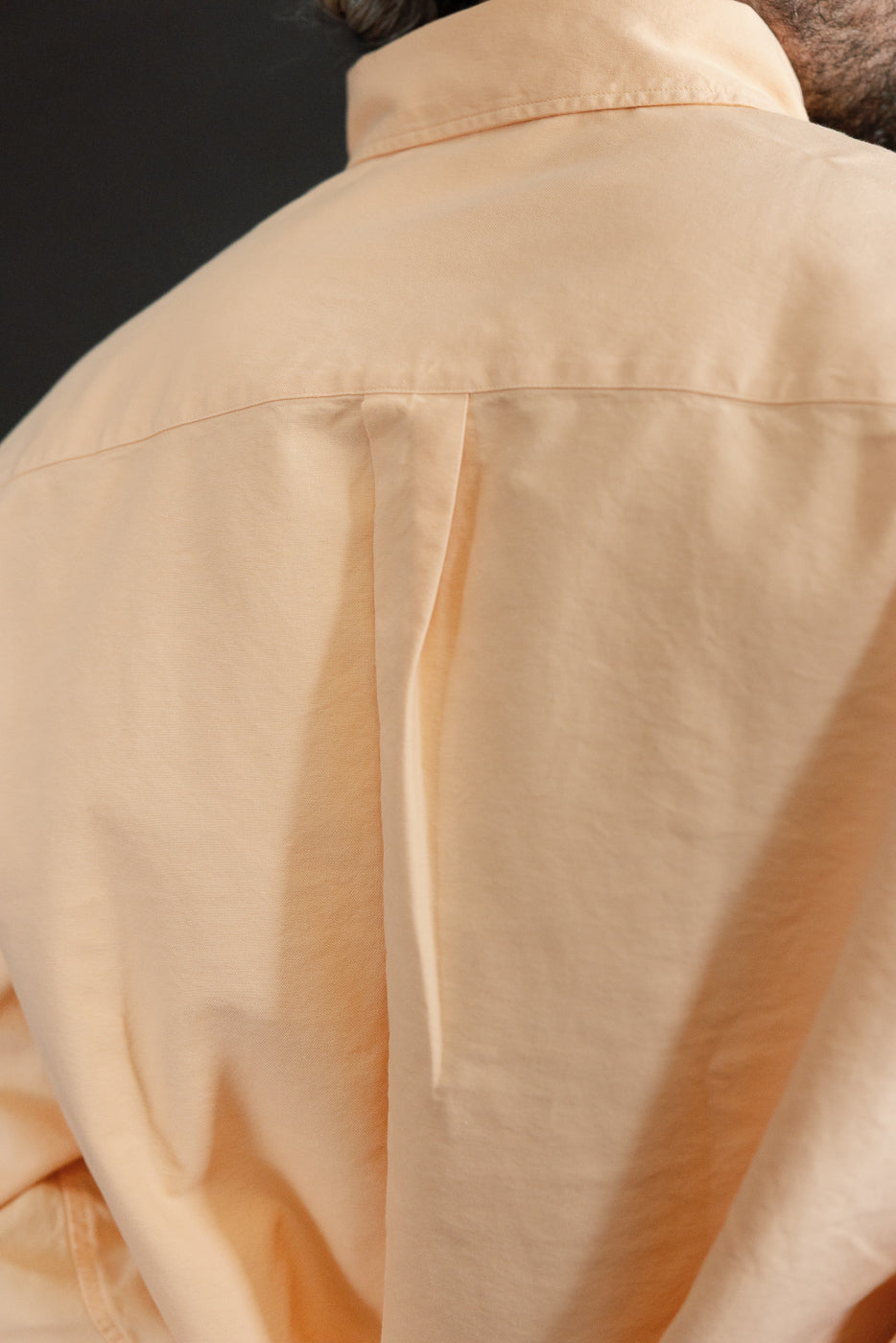 Back close-up of male model in peach shirt, showing collar and fabric texture