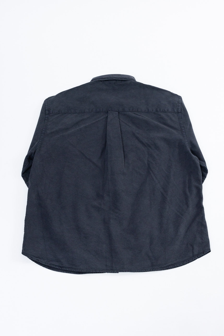 Flat lay of 3sixteen Big Oxford cotton shirt in vintage black, back view showing rear pleat detail