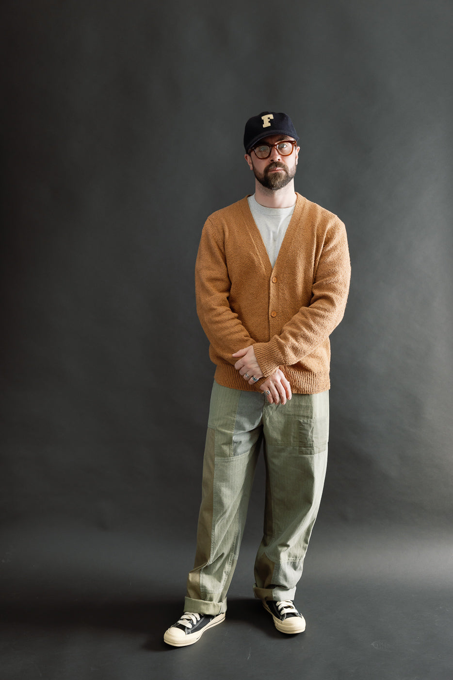 Full body front view of male model 5'9