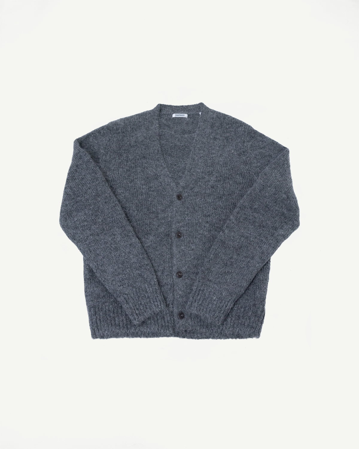 Front view flat lay of a charcoal grey button-up cardigan with V-neck and textured knit fabric.