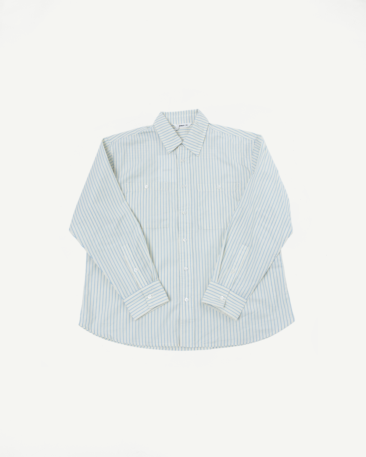 Front view flat lay of a light blue and white striped long sleeve button-down shirt.
