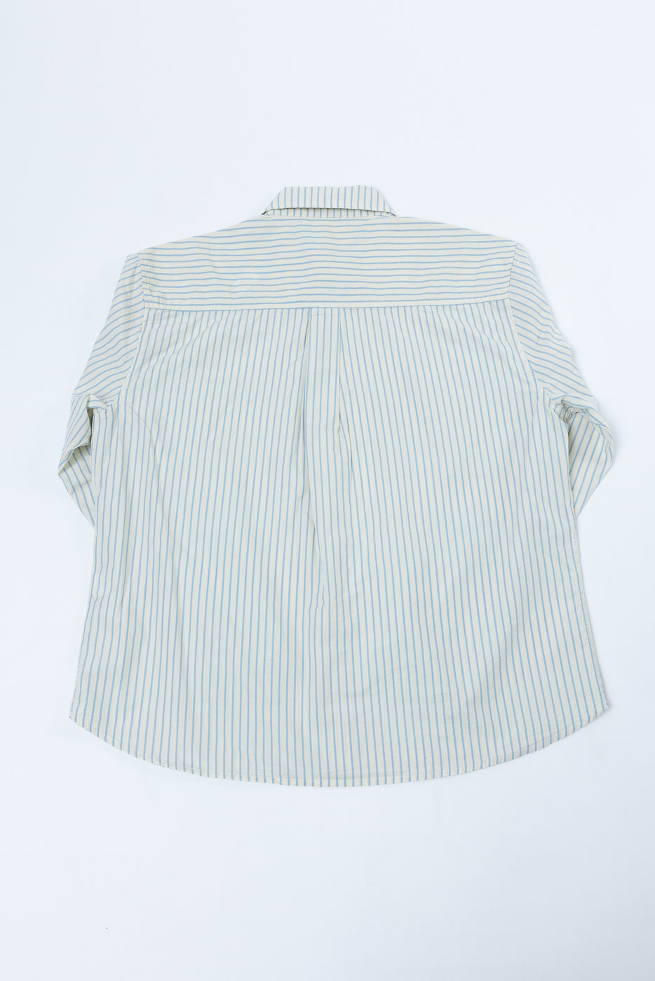 Back view flat lay of a white and blue vertical striped long-sleeve button-down shirt.