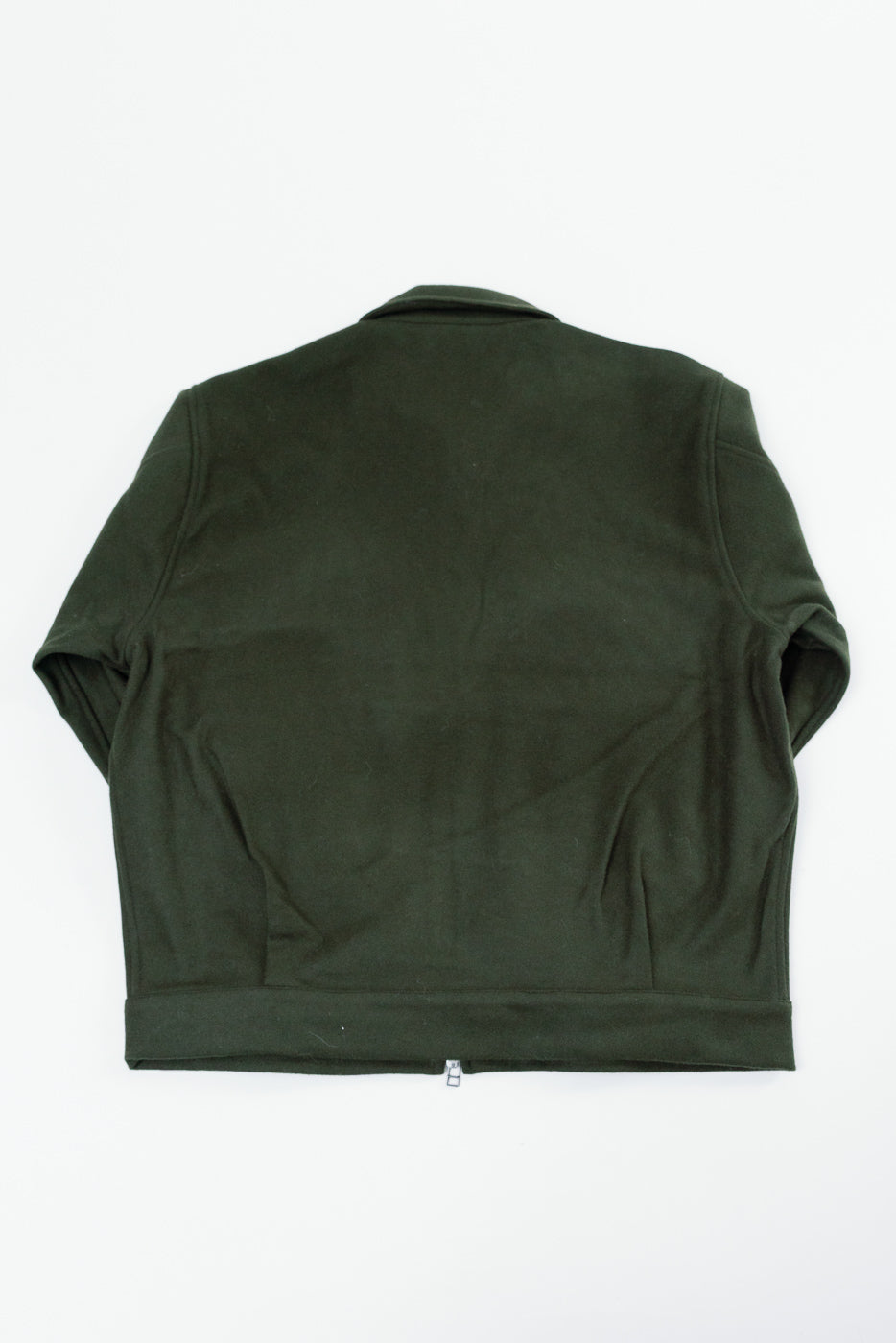 Back view flat lay of a dark olive green wool jacket showing the collar and hem.