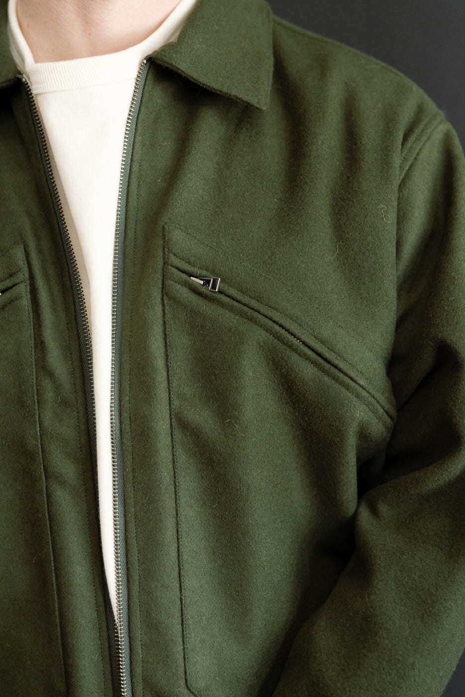 Close-up of the front of a male model's olive green wool jacket, showing the collar and zipper.