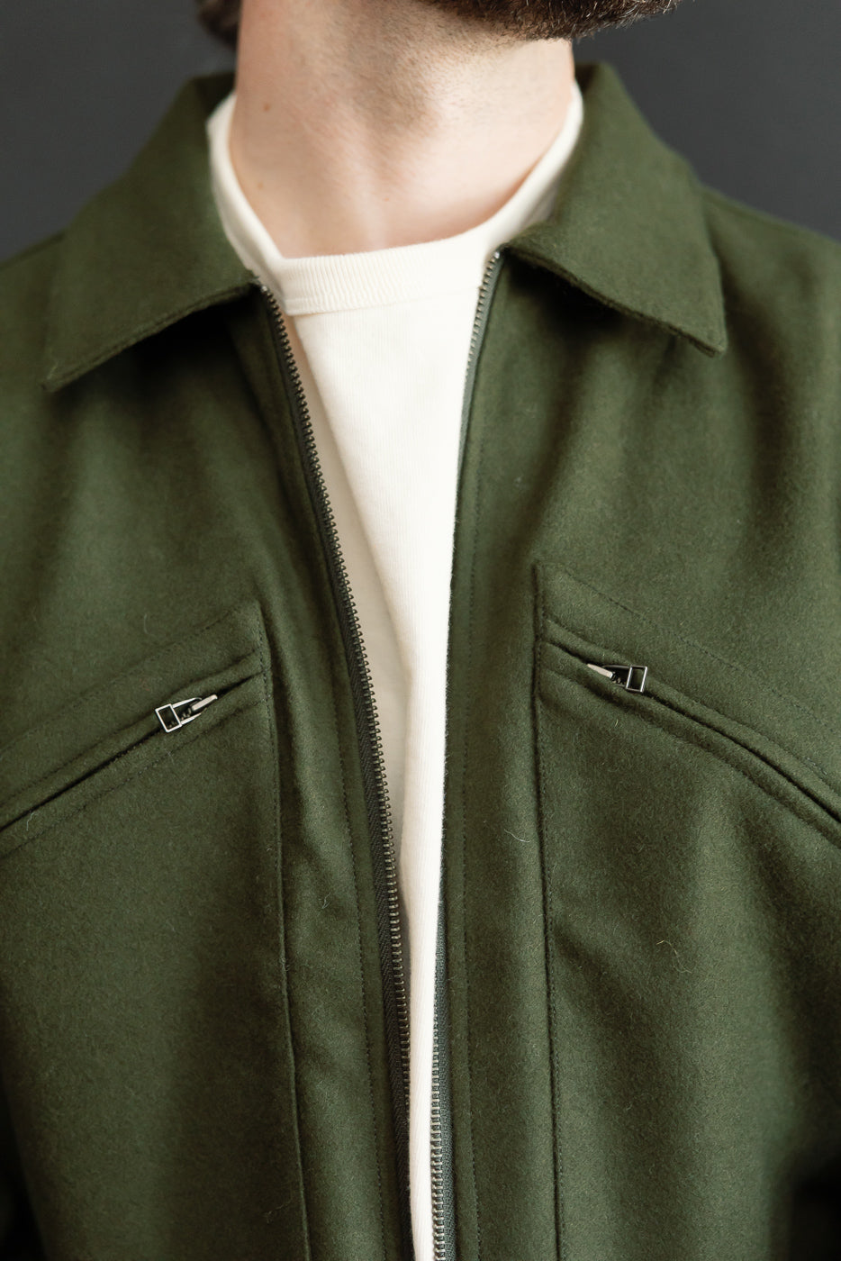 Close-up front view of a male model wearing an olive green wool jacket over a white t-shirt.