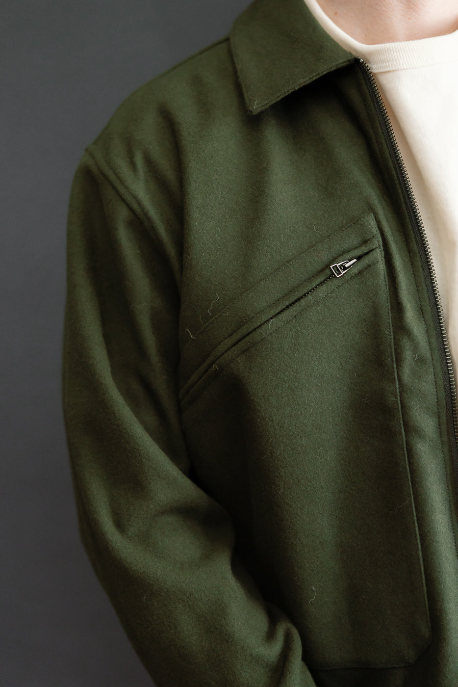 Close-up, front view of the left side of a male model's olive green wool jacket showing the collar and zippered chest pocket.