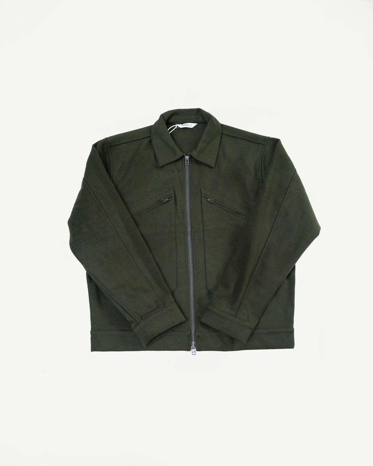 Front view flat lay of a dark olive green zip-up collared jacket.