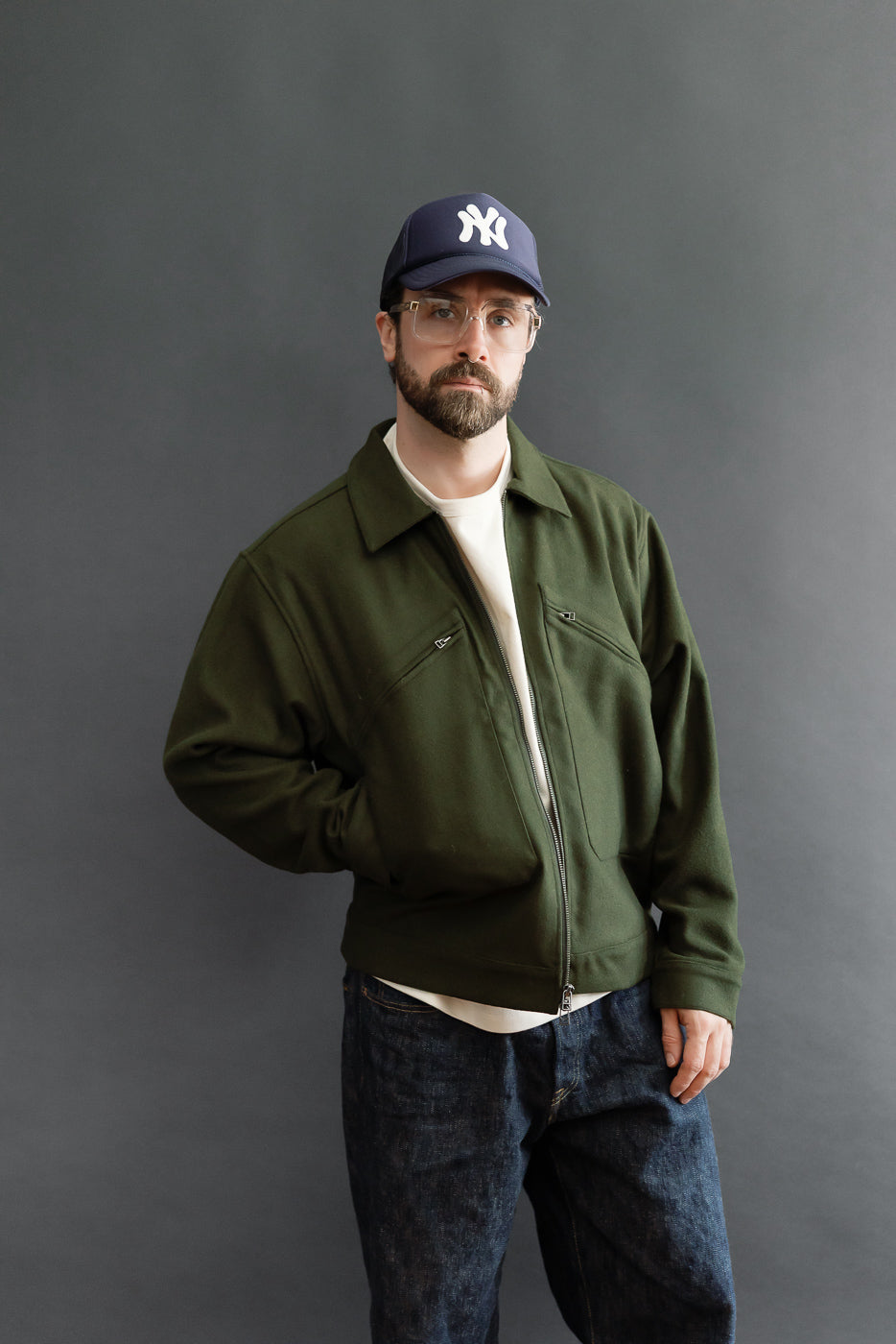 Full body front view of male model, 5'9