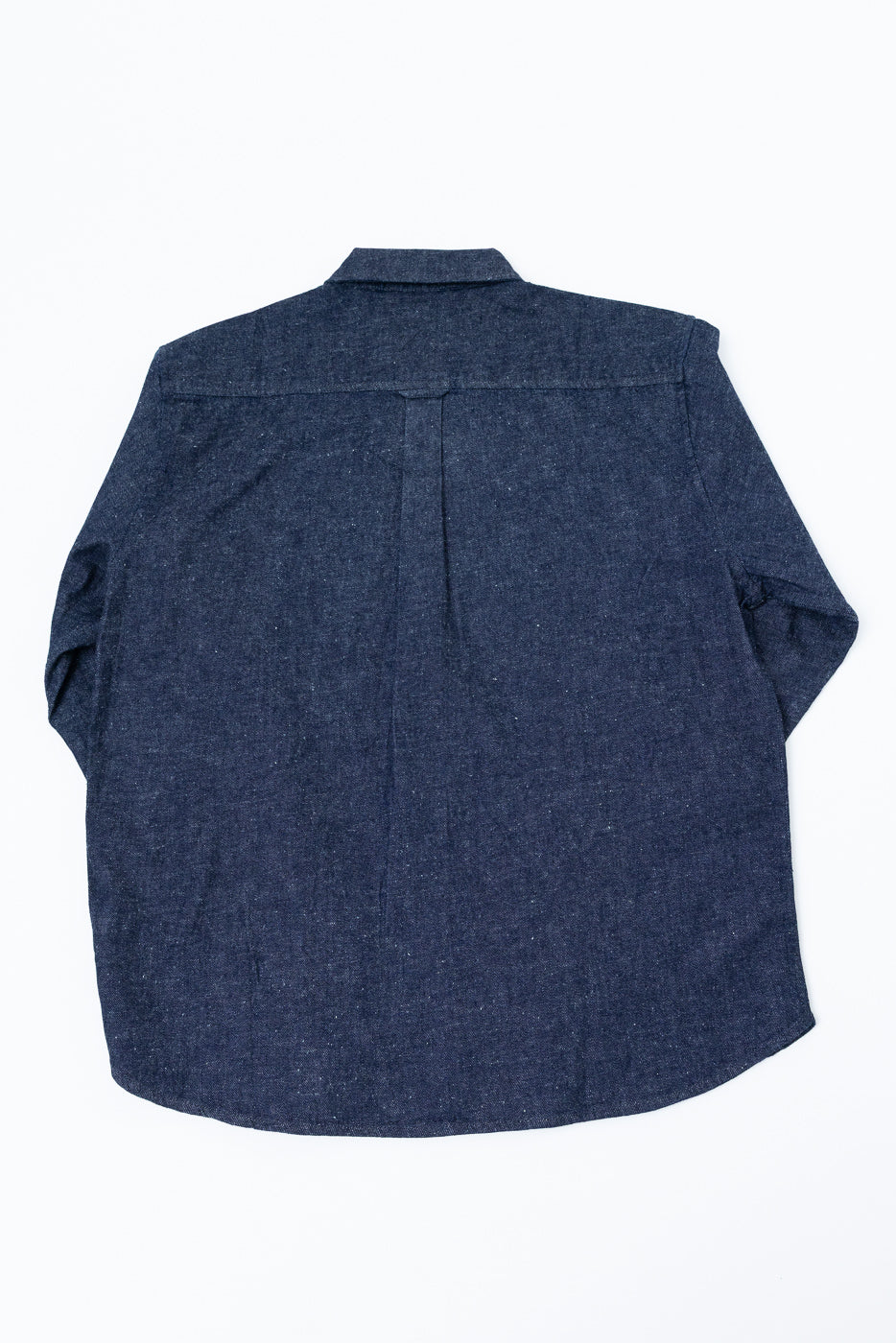 Back view flat lay of a navy blue textured short sleeve button-down shirt.