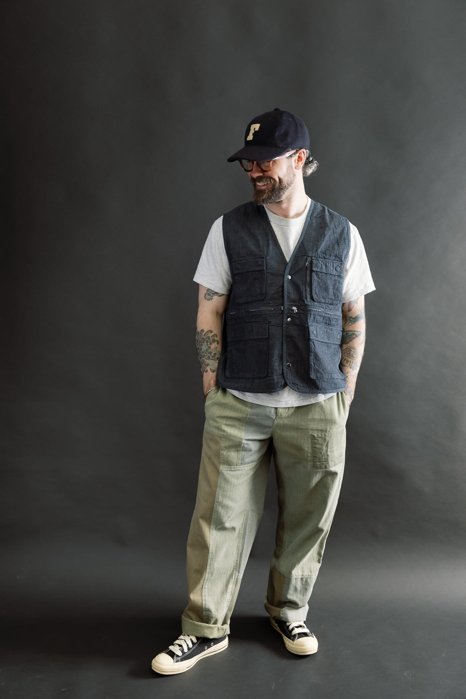 Full body front view of male model 5'9