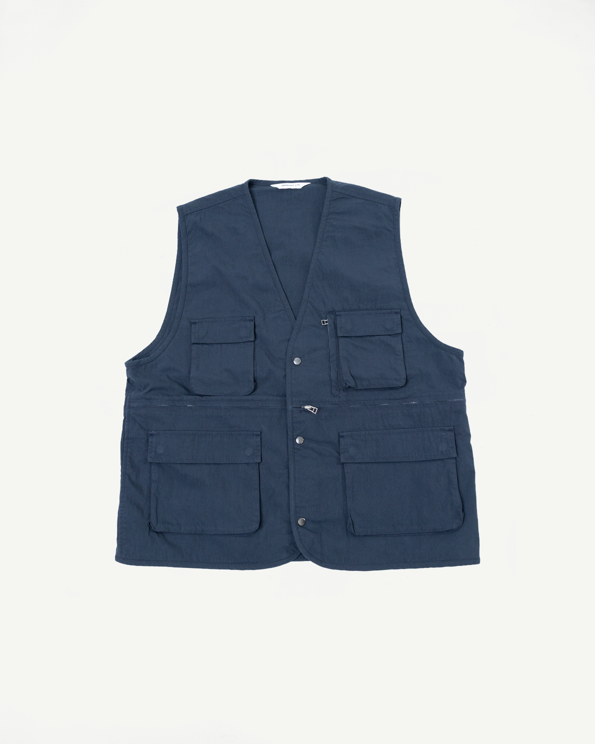 Front view flat lay of a blue utility vest with four large cargo pockets.