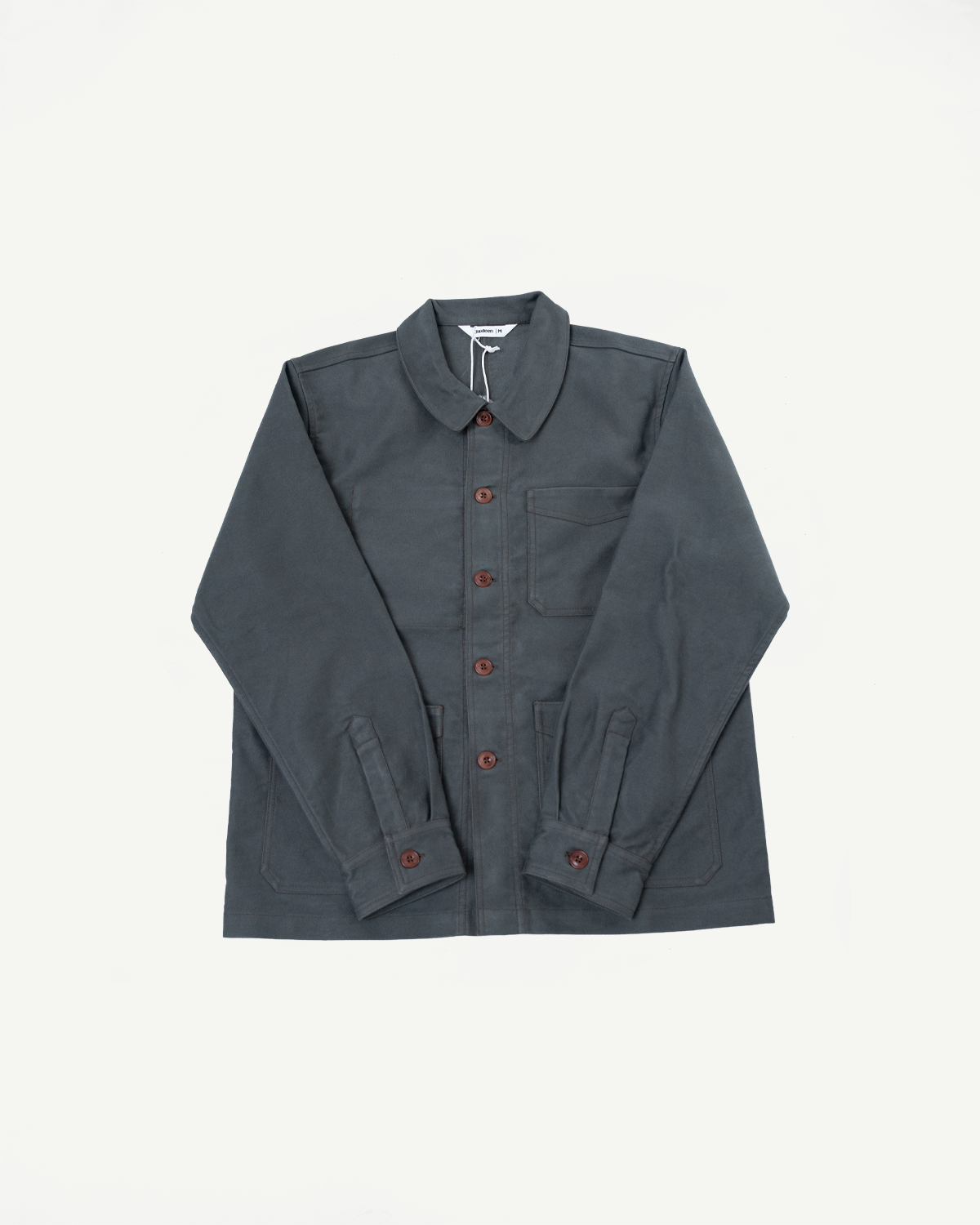 Front view flat lay of a dark grey long-sleeve button-up shirt with chest pocket.