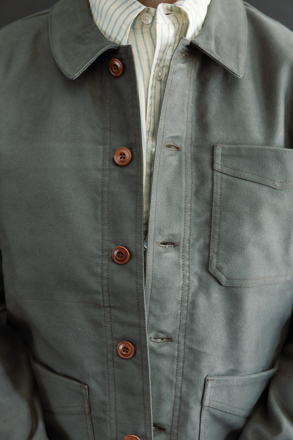Close-up front view of a grey canvas chore jacket showing brown buttons and chest pocket detail.