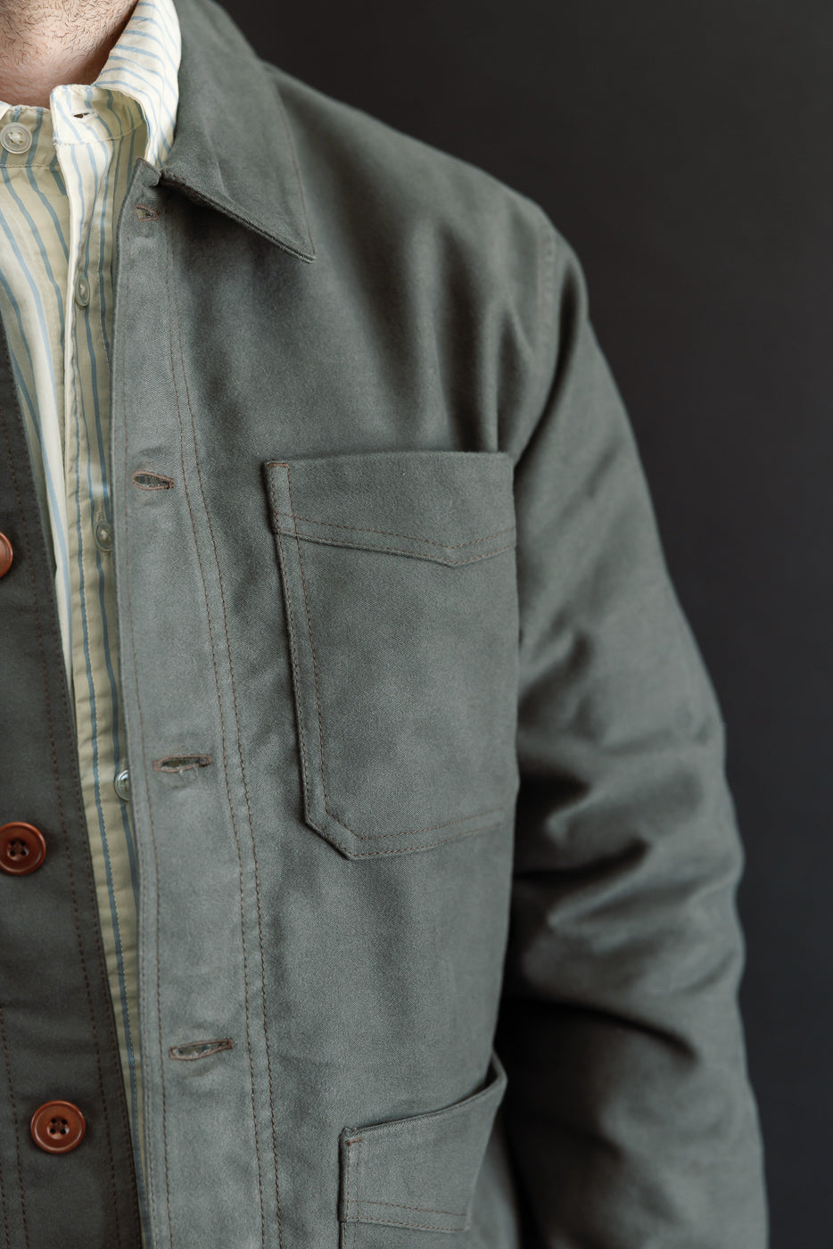 Close-up, front view of a grey suede jacket showing chest pocket and fabric texture.
