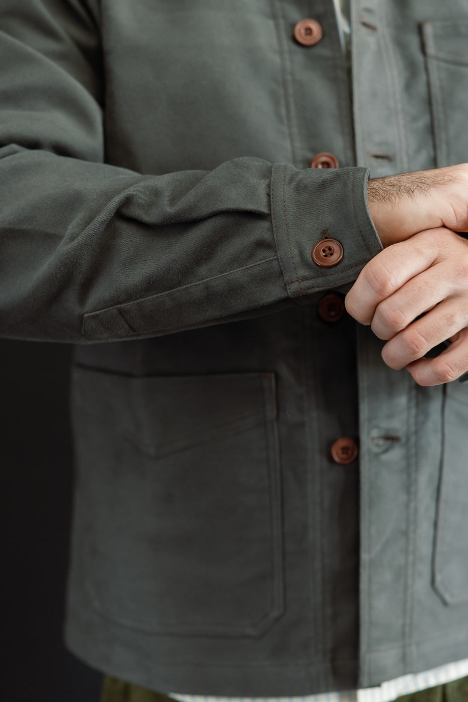 Close-up of the front right sleeve and button cuff on a dark olive utility jacket worn by a male model.