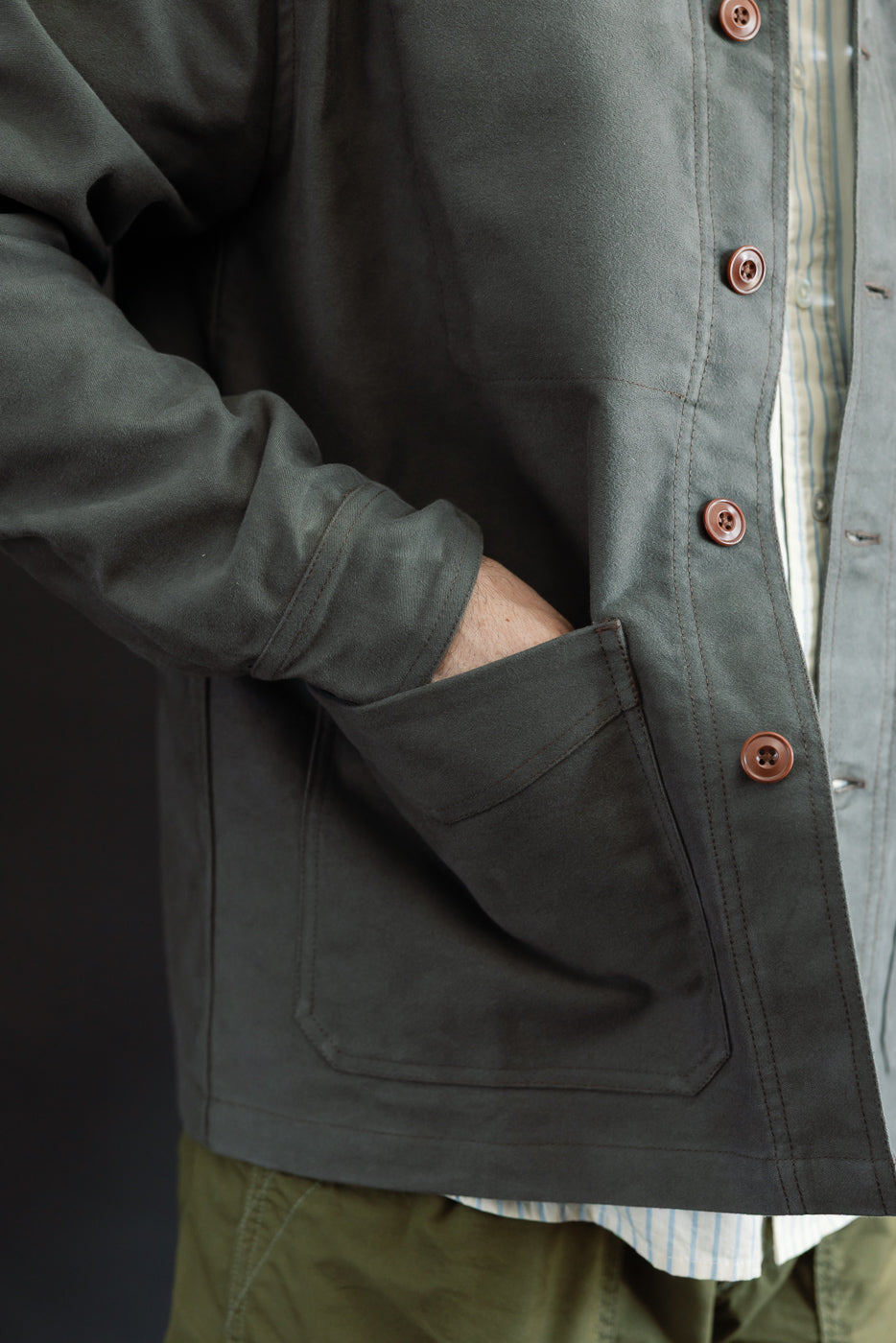 Close-up side view of a male model (5'9