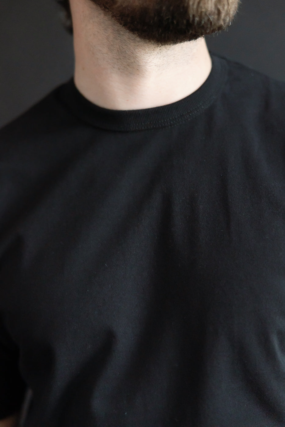Close-up front view of heavyweight black t-shirt on male model, showing collar and fabric texture. Model is 5'9