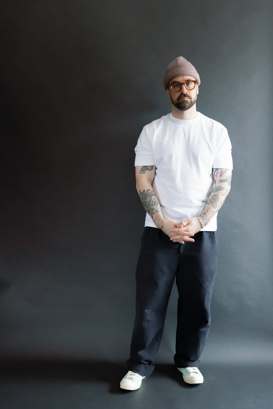 Full body front view of male model 5'9