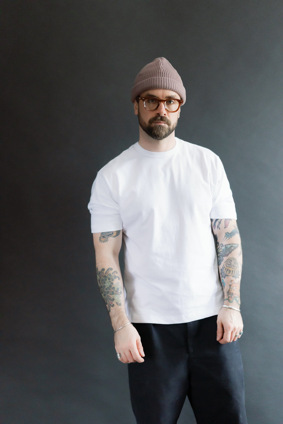 Full body front view of male model 5'9