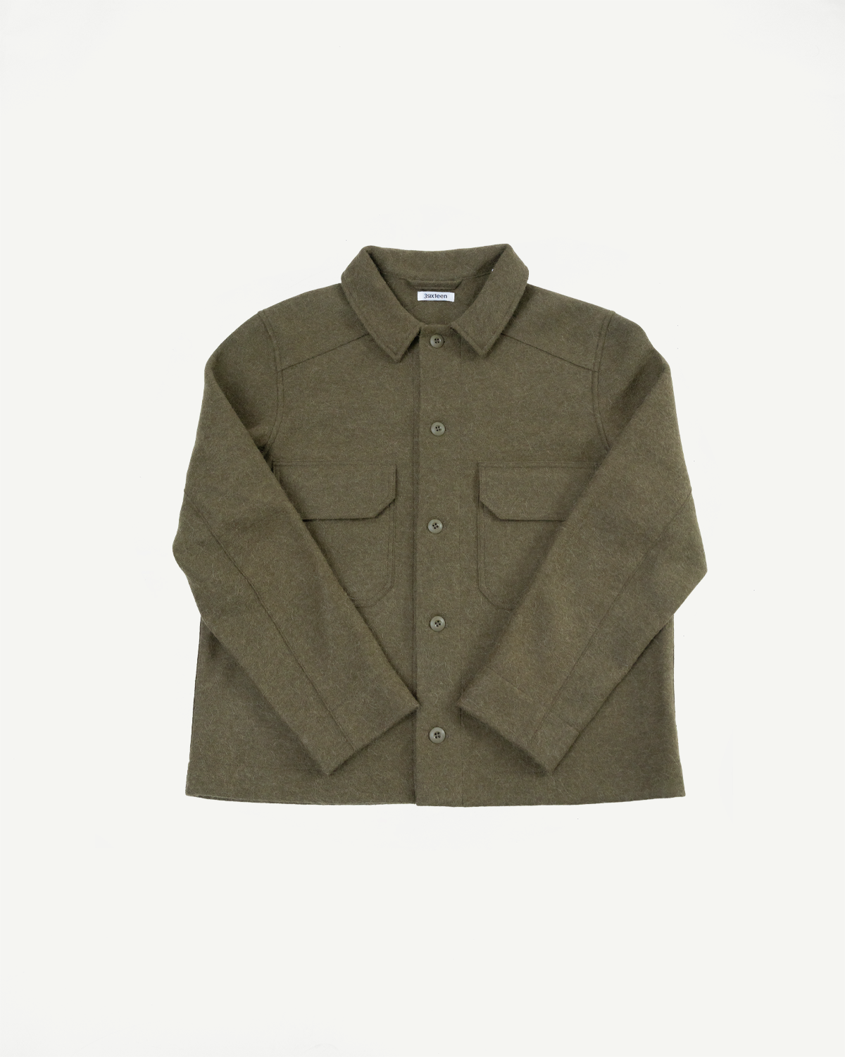 Front view flat lay of an olive green wool button-down shirt with chest pockets.