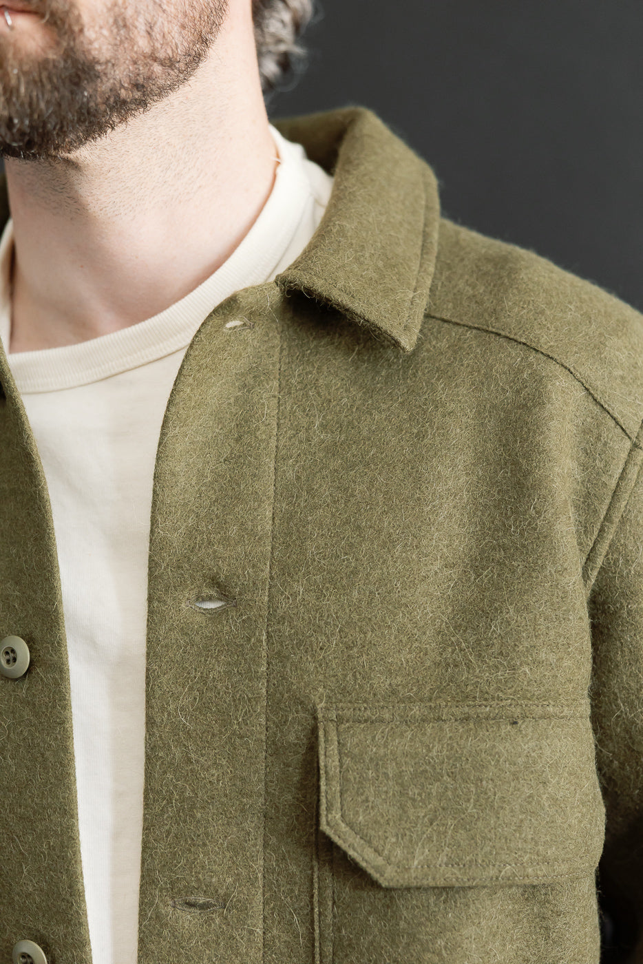 Close-up, front view of the collar and chest of a male model's olive green wool shirt jacket.