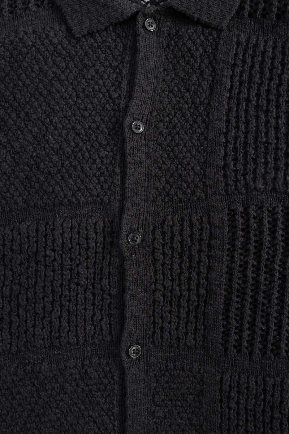 Close-up of front knit shirt in black, showing textured fabric, buttons, and collar detail.