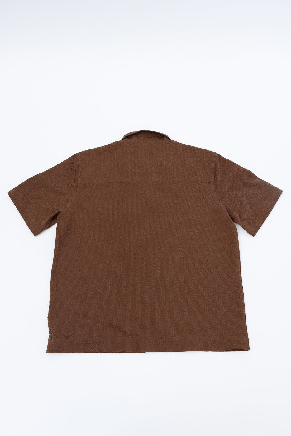 Short Sleeve Loop Shirt - Cinnamon Seersucker, viewed from the back, showcasing its straight back yoke and short sleeves, highlighting the shirt's premium craftsmanship and structured, textured seersucker fabric.