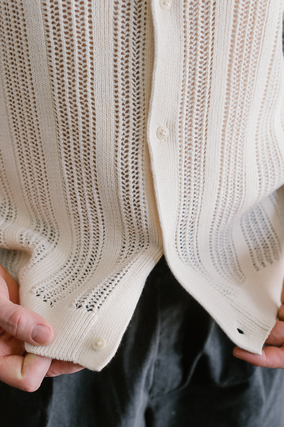 Short Sleeve Mesh Stripe Knit Shirt - Ecru