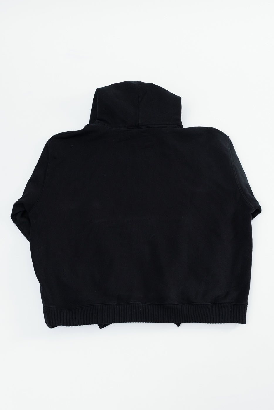 Flat lay of 3sixteen black ultraweight pullover hoodie, back view, showing hood and ribbed hem