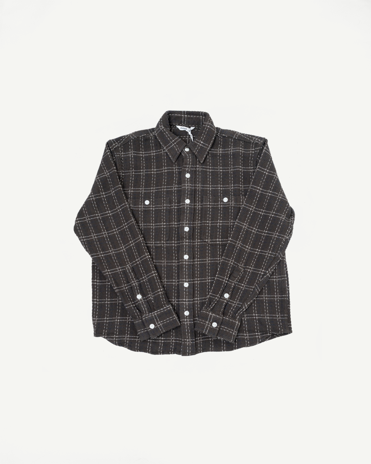 Front view flat lay of a dark checkered long sleeve button-down shirt.